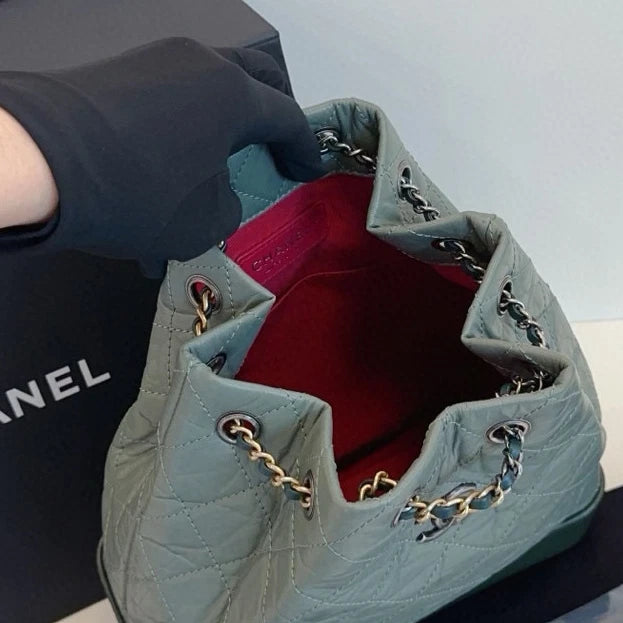 Chanel Gabrielle PM Calfskin Backpack Green Silver Diamond Women Classic