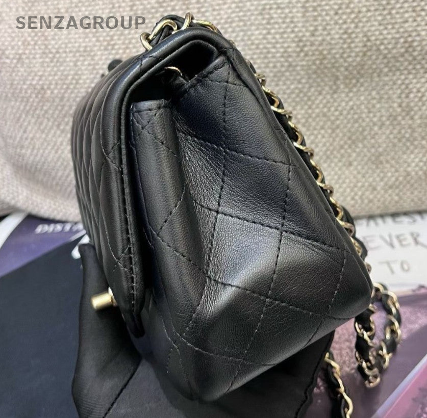 Chanel Classic Flap Chain Crossbody Shoulder Bag Black Gold Women Diamond