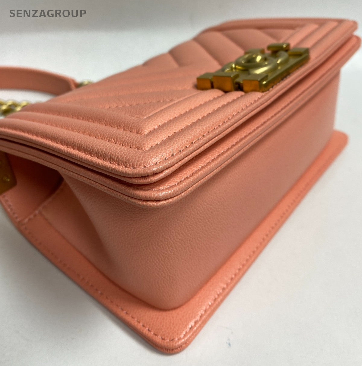 Chanel Leboy PM Chain Shoulder Bag Pink Gold Chevron Women Classic Fashion