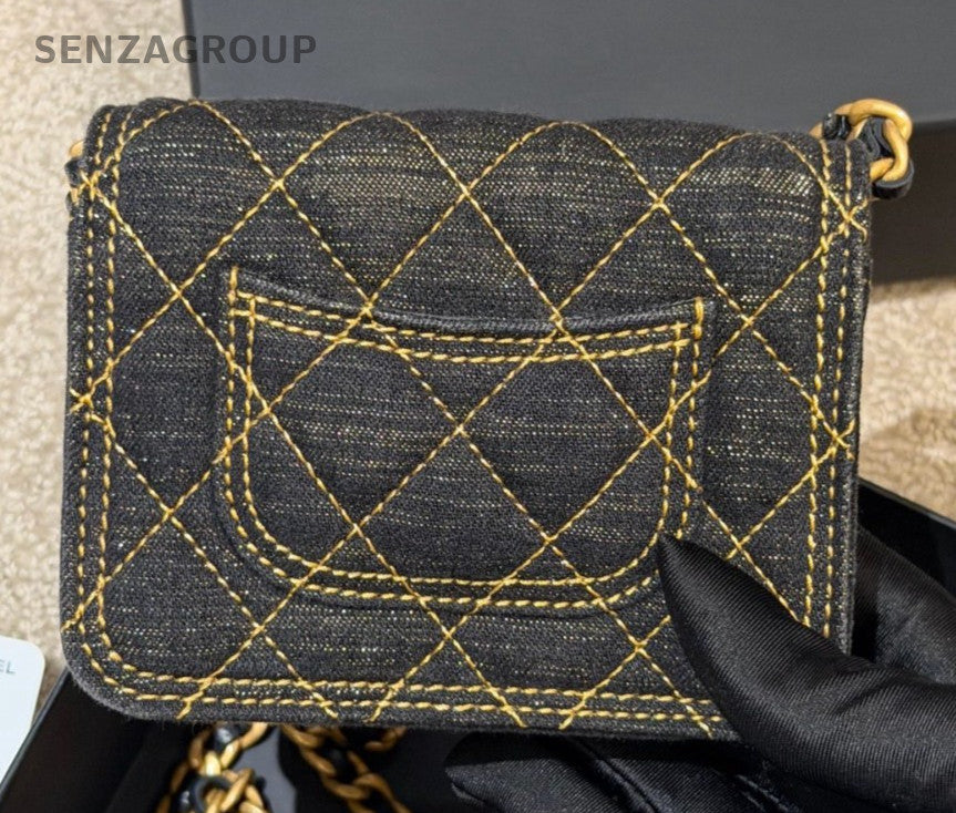 Chanel Diamond Mini Denim Chain Shoulder Bag Crossbody Black Gold Women Classic