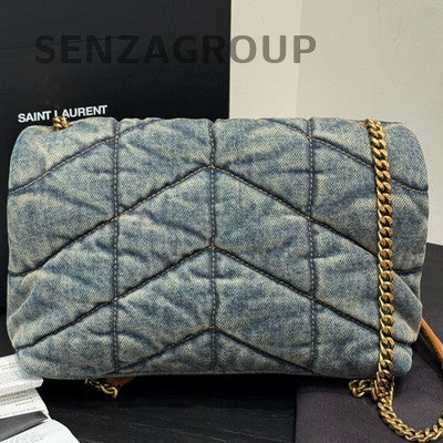 Saint Laurent Matelassé Mini Chain Crossbody Bag Blue Gold Women's Fashion