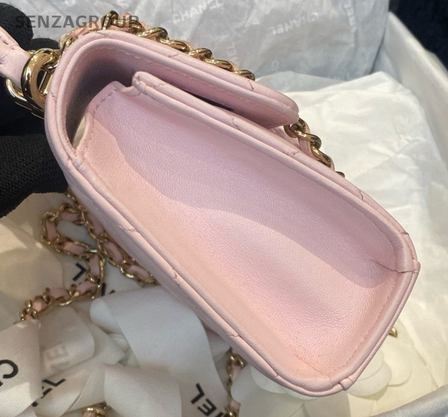 Chanel Diamond Mini Top Handle Bag Chain Crossbody Pink Gold Women Fashion