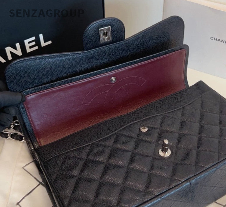 Chanel Classic Flap Jumbo Chain Shoulder Bag Black Silver Diamond Women Fashion