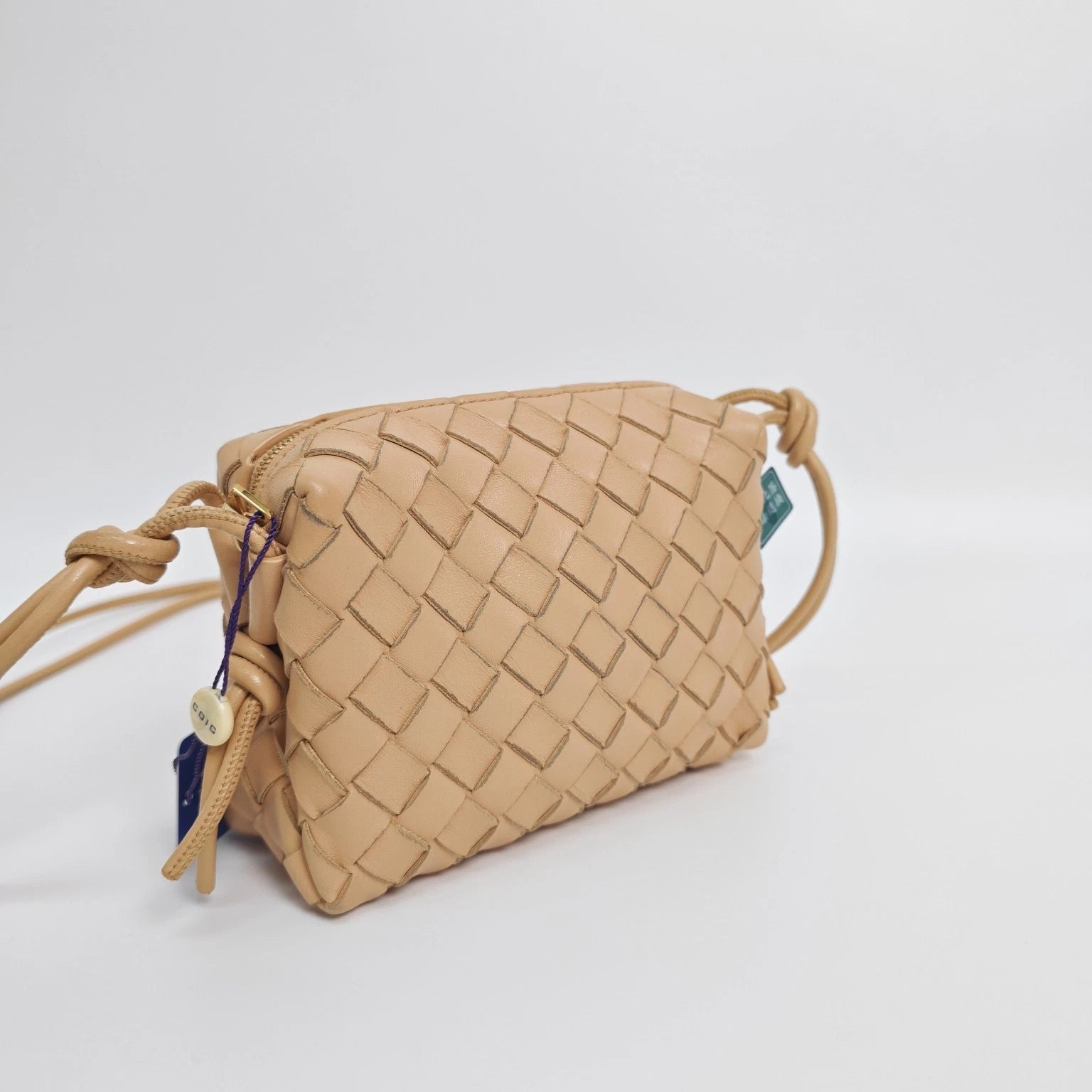 Bottega Veneta BV Beige Lambskin Woven Camera Crossbody Bag Women