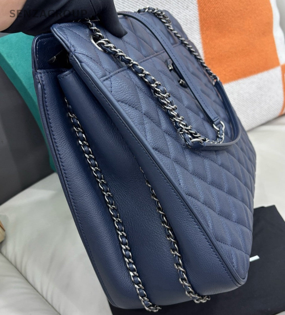 Chanel Tote Chain Shoulder Bag Blue Silver Diamond Women Classic