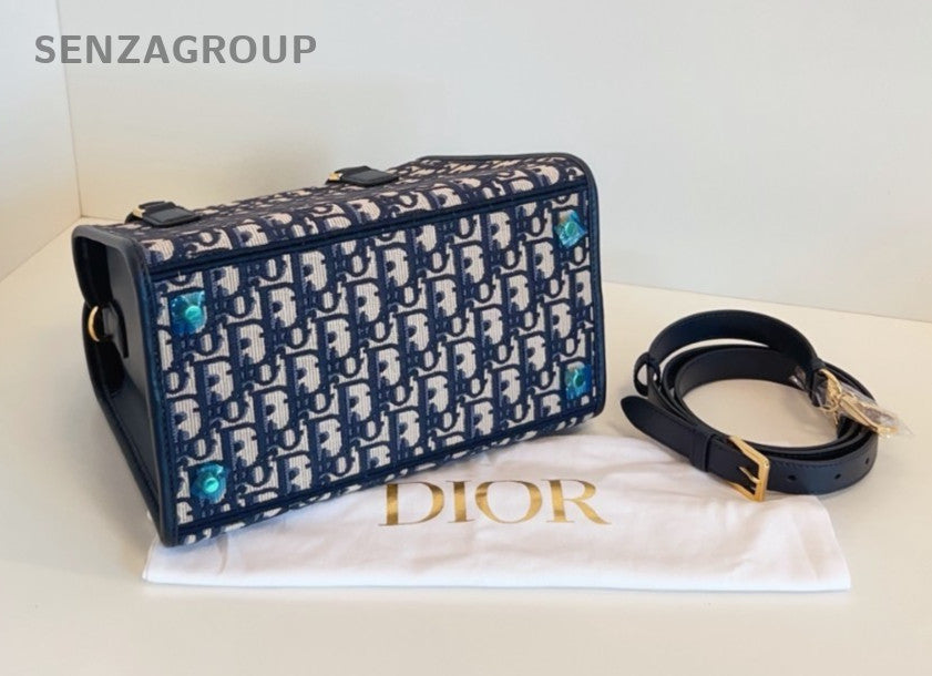 Christian Dior Boston Monogram Top Handle 2way Shoulder Handbag Blue Gold Women