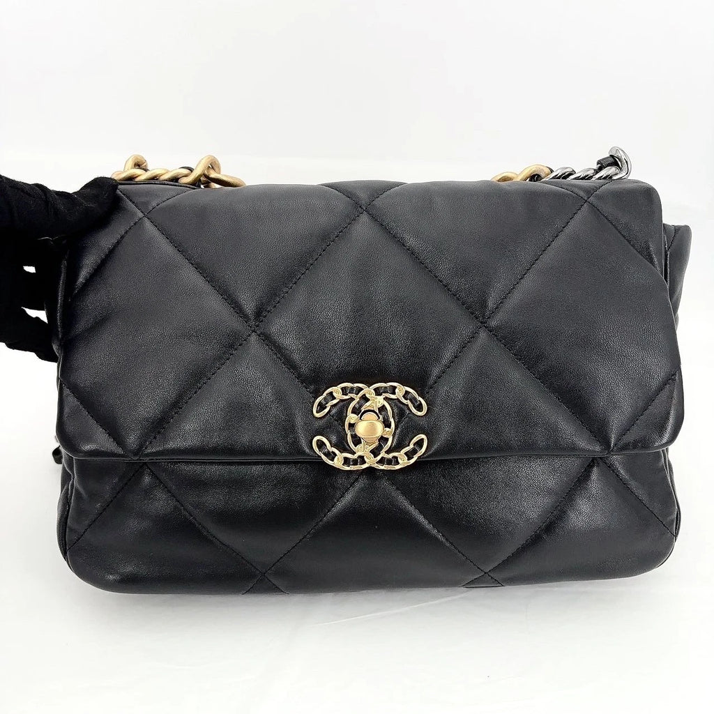 New CHANEL 19 Lamskin Black Gold Medium Shoulder Bag For Women