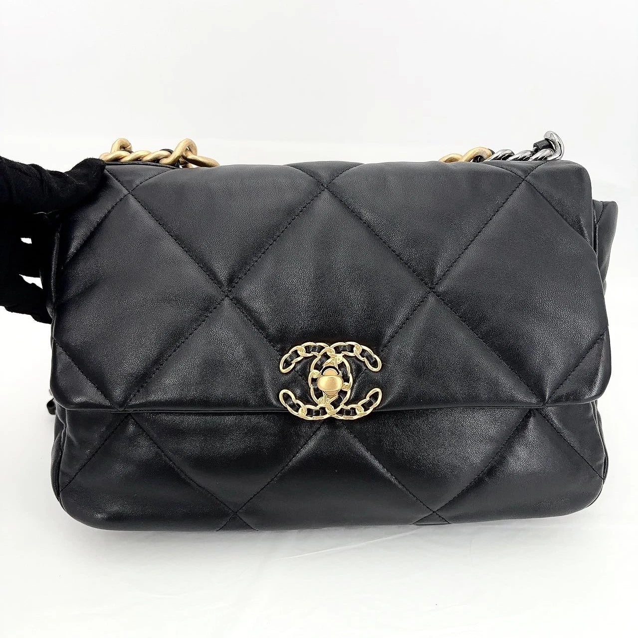 New CHANEL 19 Lamskin Black Gold Medium Shoulder Bag For Women