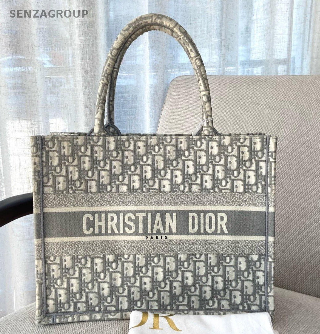 Christian Dior Book Tote MM Monogram Canvas Shoulder Handbag Grey Women Classic