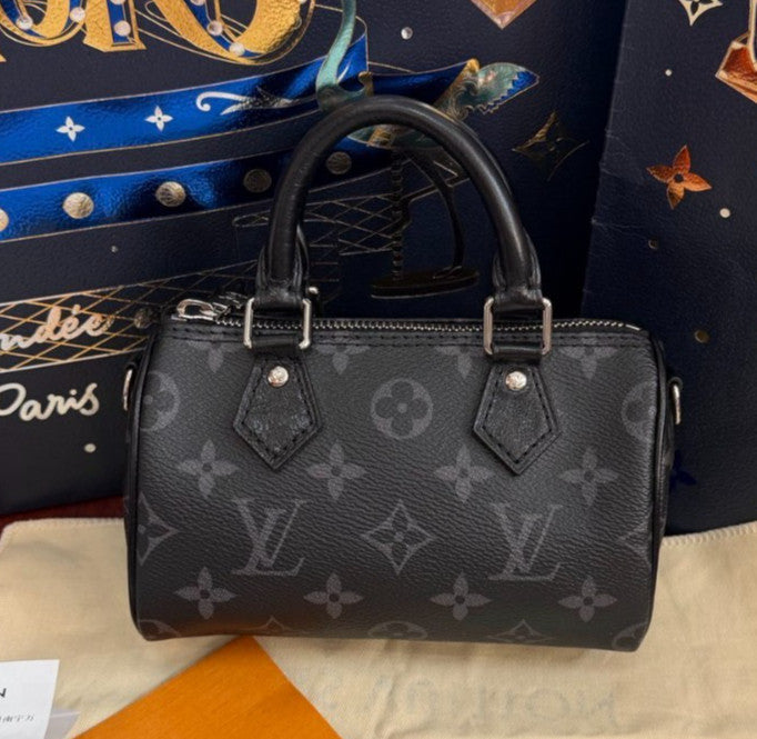 Louis Vuitton Speedy Nano Monogram Top Handle Crossbody Black Silver Women