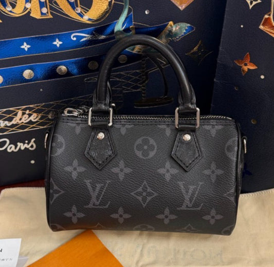 Louis Vuitton Speedy Nano Monogram Top Handle Crossbody Black Silver Women