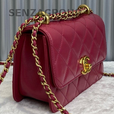 Chanel Quilted Calfskin Chain Shoulder Bag Red Gold Classic Fashion Women