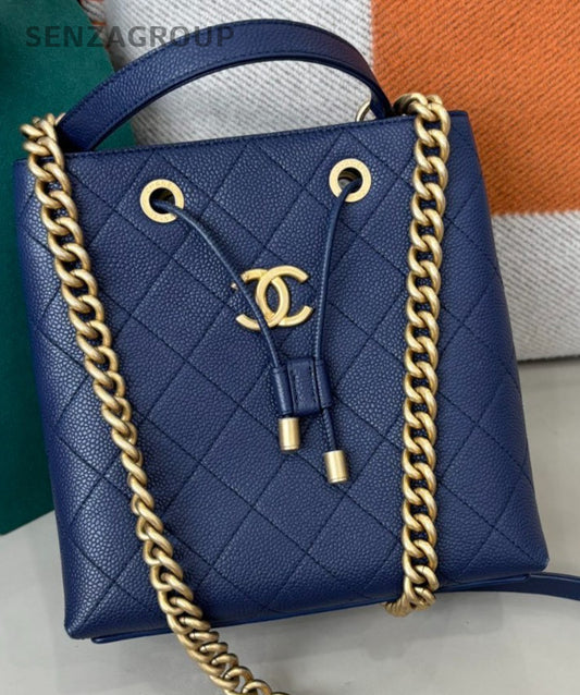 Chanel Calfskin Bucket Chain Shoulder Bag Crossbody Blue Gold Diamond Women