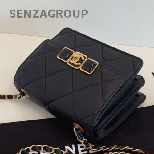 Chanel 22A Classic Flap Calfskin Diamond Chain Crossbody Black Gold Women