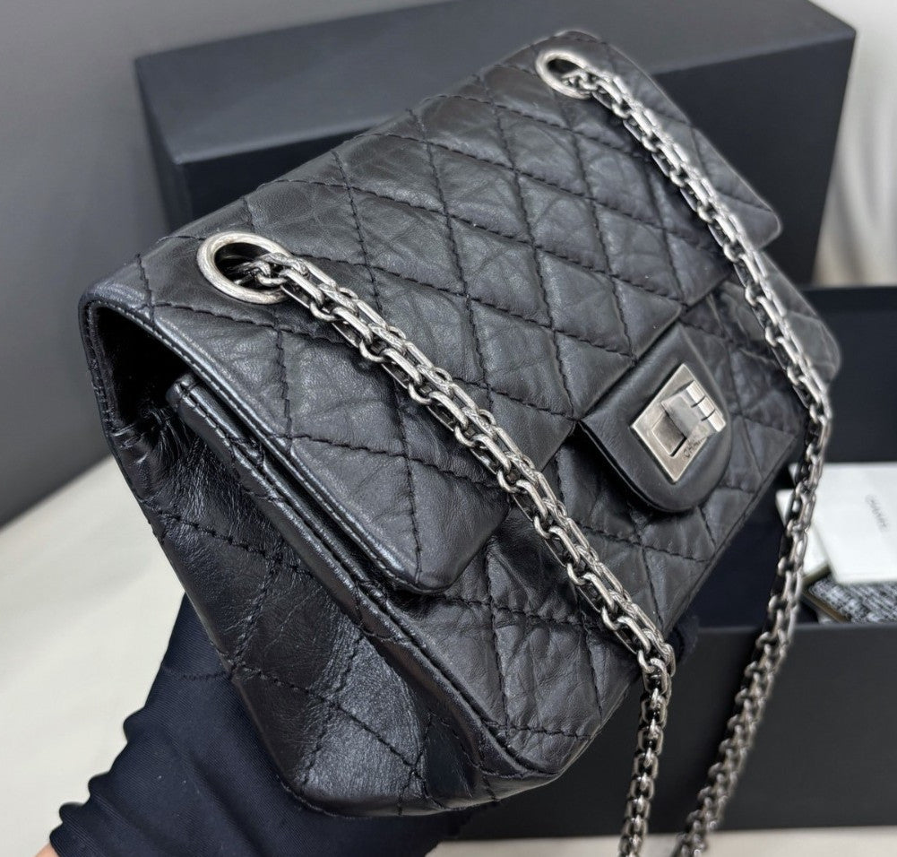 Chanel 2.55 Mini Chain Shoulder Bag Crossbody Black Silver Diamond Women Classic