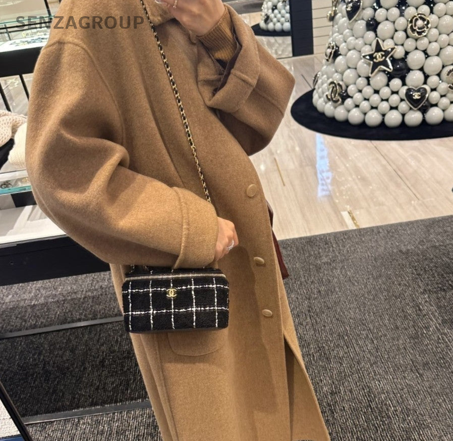 Chanel Tweed Long Box Chain Shoulder Bag Crossbody Black Gold Women Classic