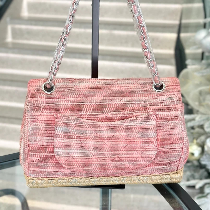 Chanel Classic Flap MM Tweed Chain Shoulder Bag Crossbody Pink Silver Women S