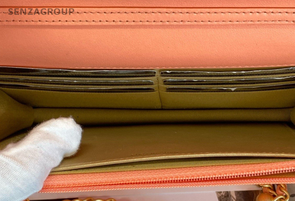 CHANEL WOC Diamon Pattern Chain Shoulder Bag Crossbody Orange Gold Women Classic