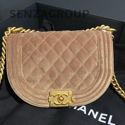 Chanel Le Boy Saddle Bag Brown Gold Velvet Chain Shoulder Crossbody