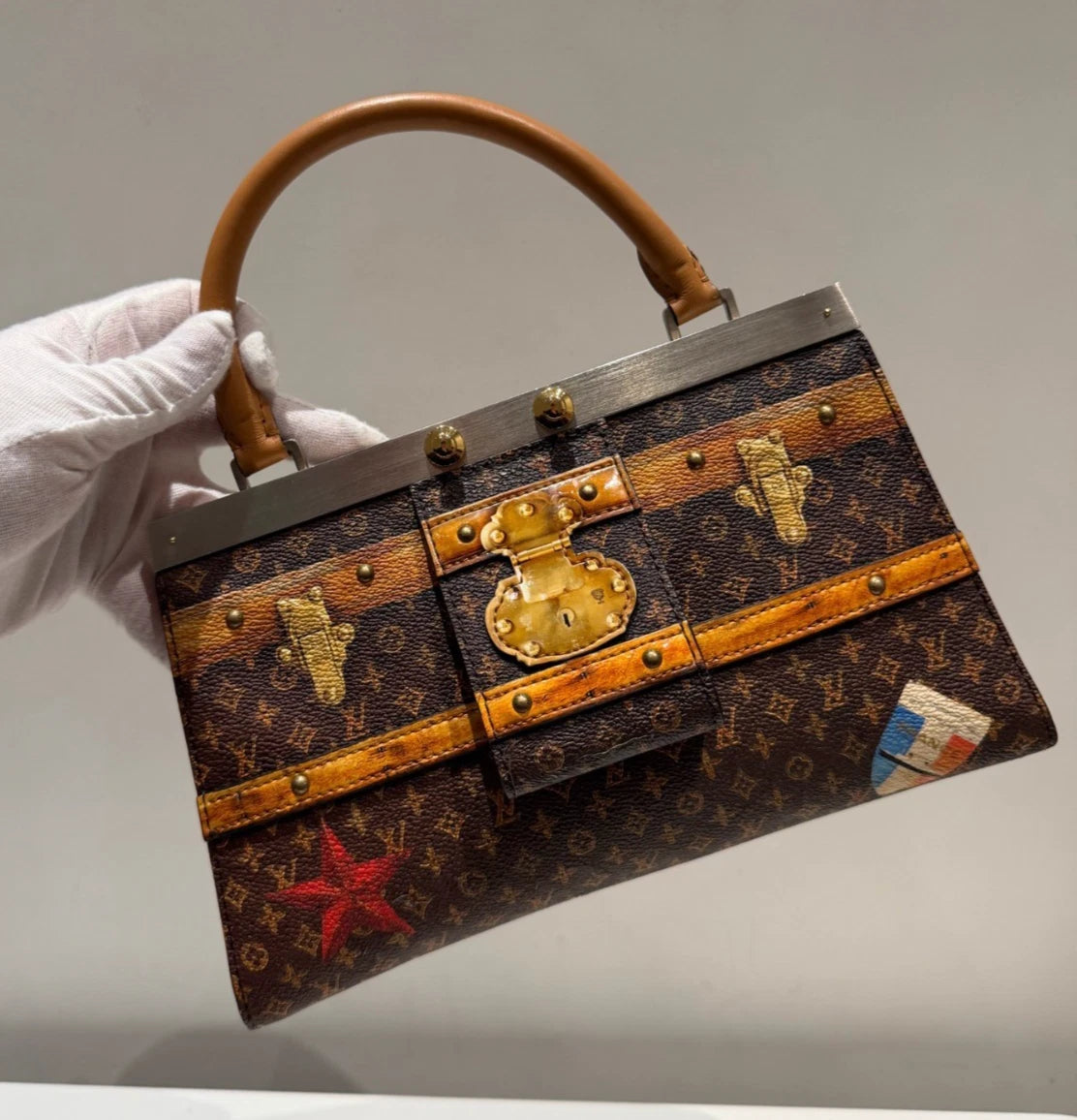 Louis Vuitton City Frame Monogram Top Handle Bag Crossbody Brown Gold Women