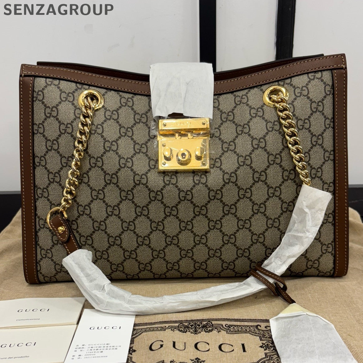Gucci GG Padlock Shoulder Bag Brown Canvas Chain Strap Women