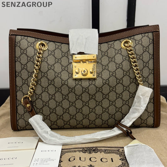Gucci GG Padlock Shoulder Bag Brown Canvas Chain Strap Women