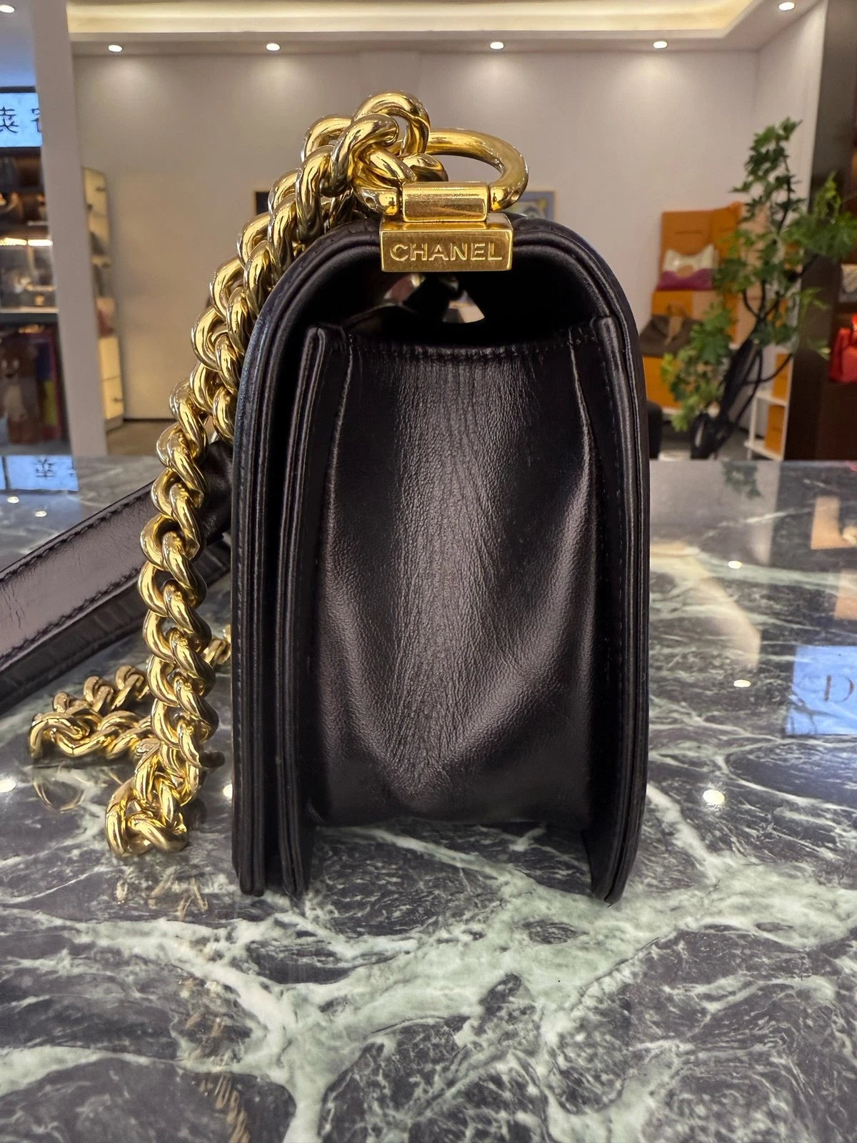 CHANEL Calfskin Waffle Black Gold Leboy Shoulder Bag Women