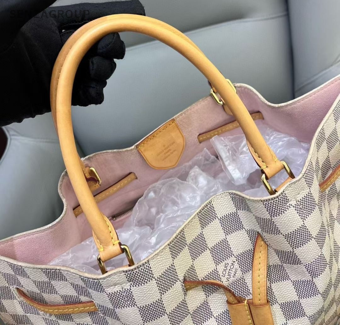 Louis Vuitton Girolata White Damier Azur Drawstring Bucket Top Handle Bag Brown