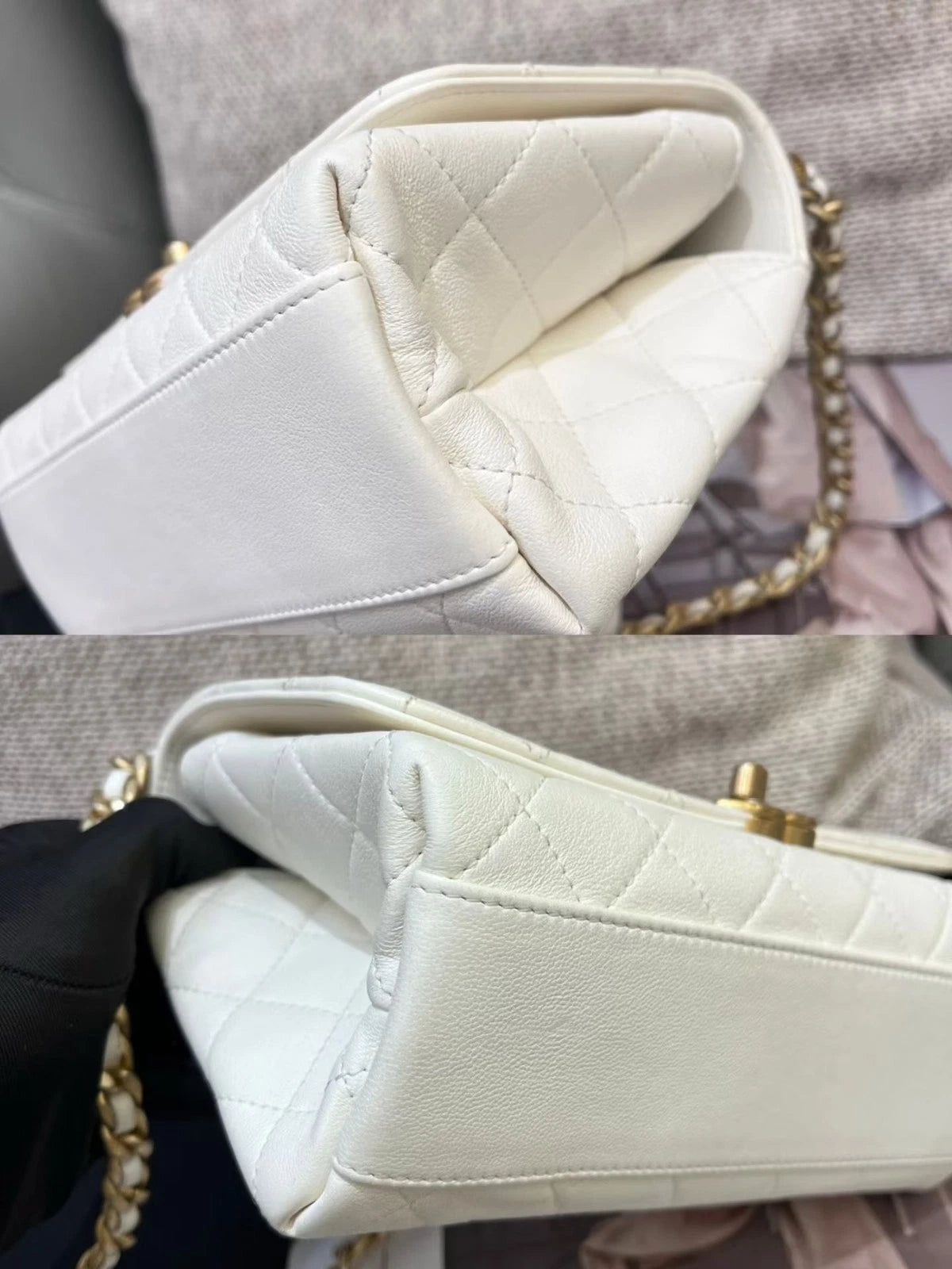Chanel Diamond Chain Top Handle Crossbody White Gold Women Classic
