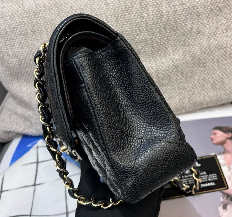 Chanel Classic Flap PM Chain Calfskin Shoulder Crossbody Black Gold Women