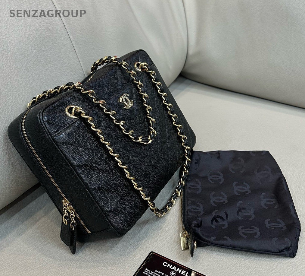 Chanel Camera PM Chain Shoulder Bag Black Gold Used Women Classic