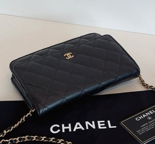 Chanel WOC Diamond Chain Shoulder Bag Crossbody Black Gold Women Classic