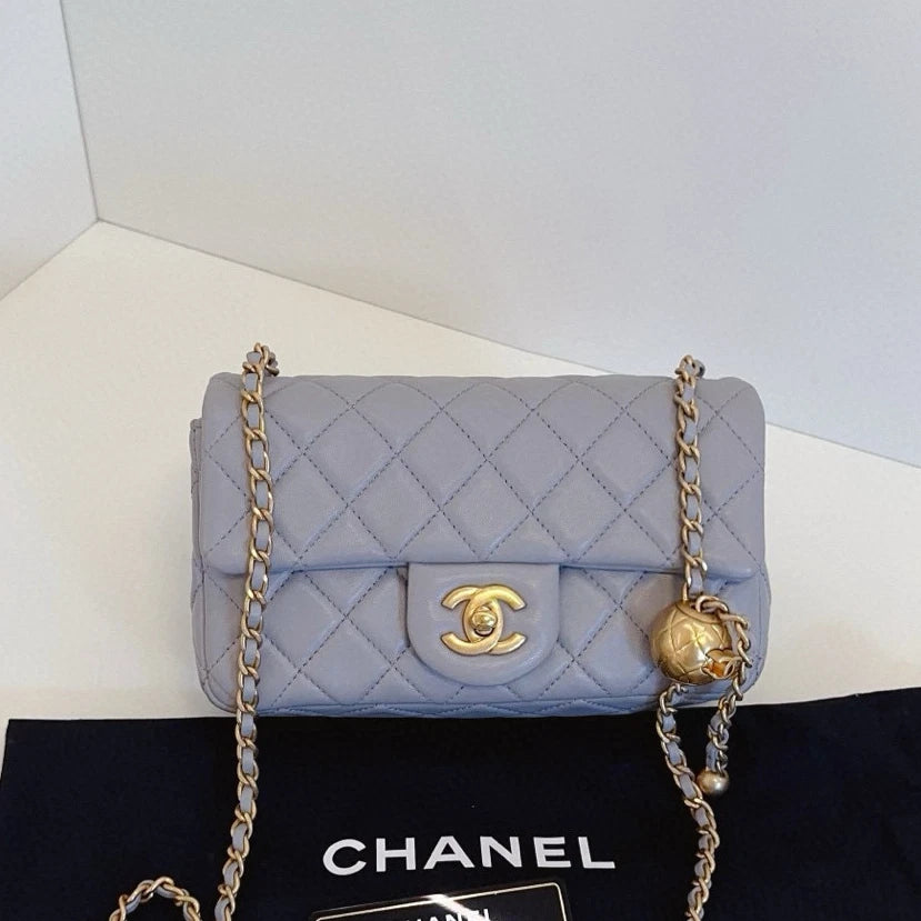 Chanel Classic Flap Mini Chain Shoulder Crossbody Gray Gold Diamond Women