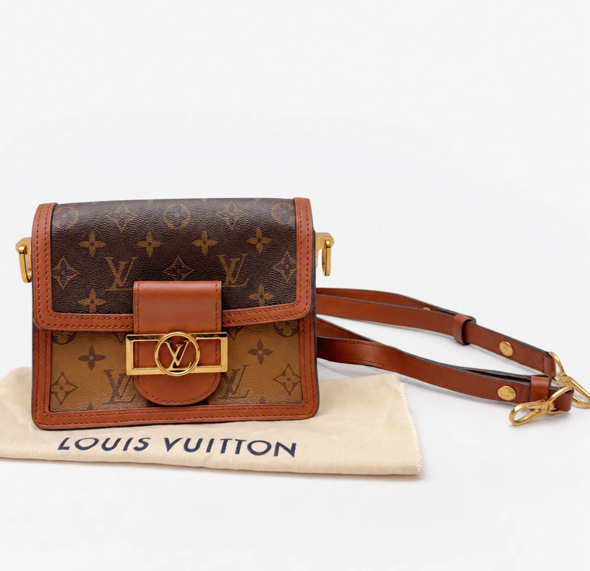 Louis Vuitton Dauphine PM Monogram Canvas Crossbody Brown Gold Excellent