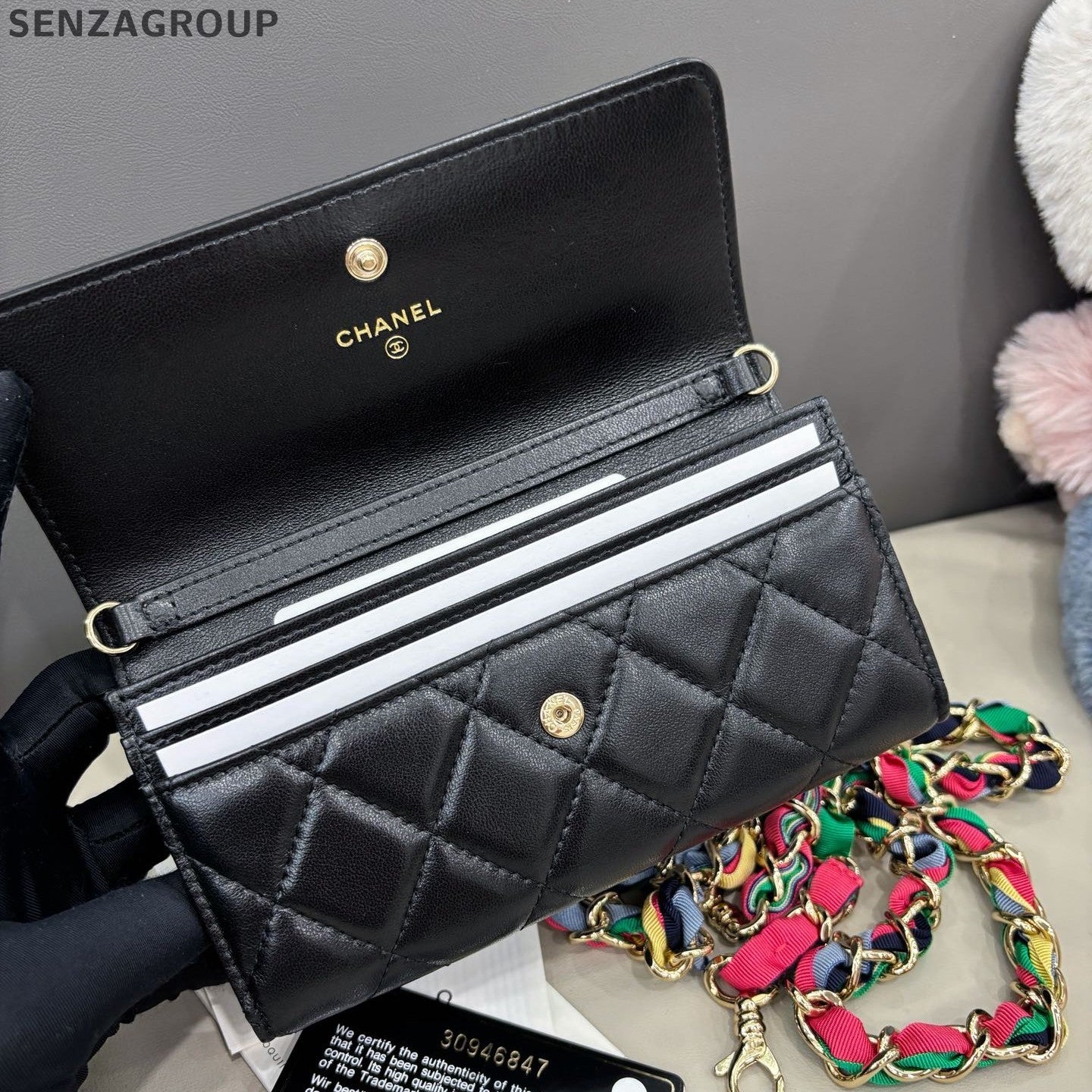 Chanel Diamond Lambskin Chain Crossbody Black Gold Women Classic