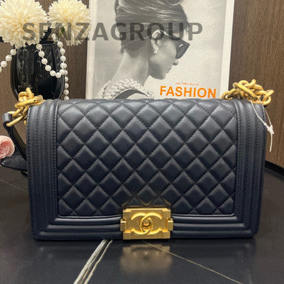 Chanel Le Boy Navy Blue Medium Quilted Chain Shoulder Bag Gold Hardware