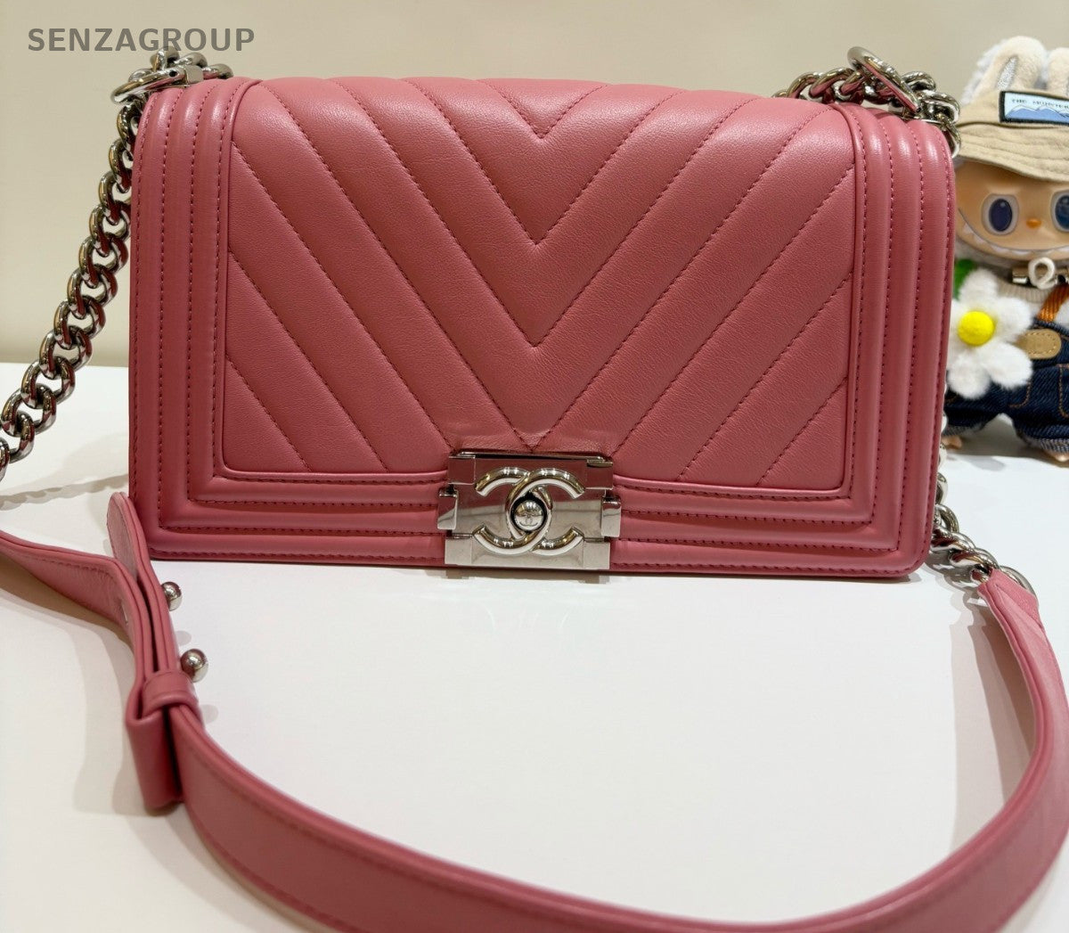 CHANEL Leboy MM V-shaped pattern Calfskin Chain Shoulder bag Pink Women Classic