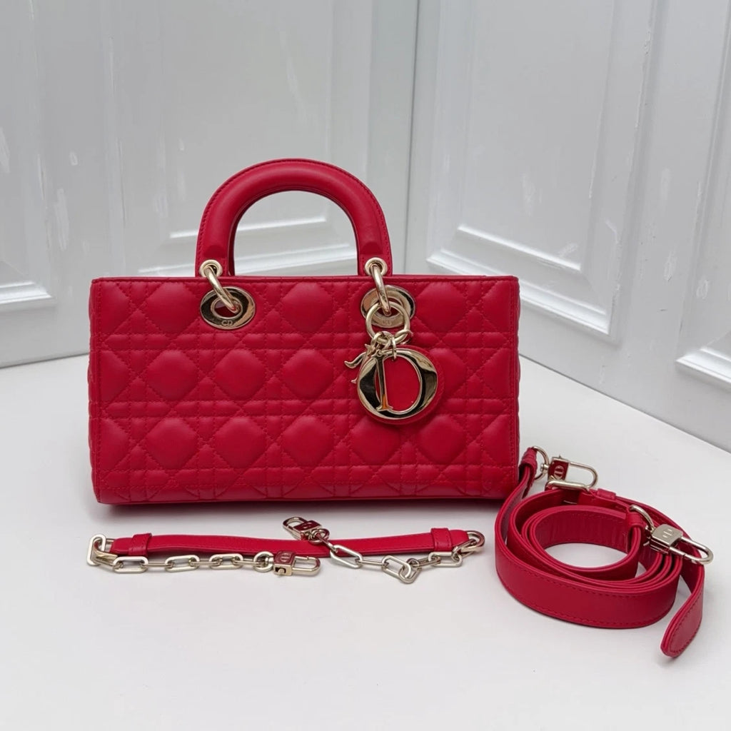 Christian Dior Lady Dior Cannage Top Handle Crossbody Red Gold Women Classic