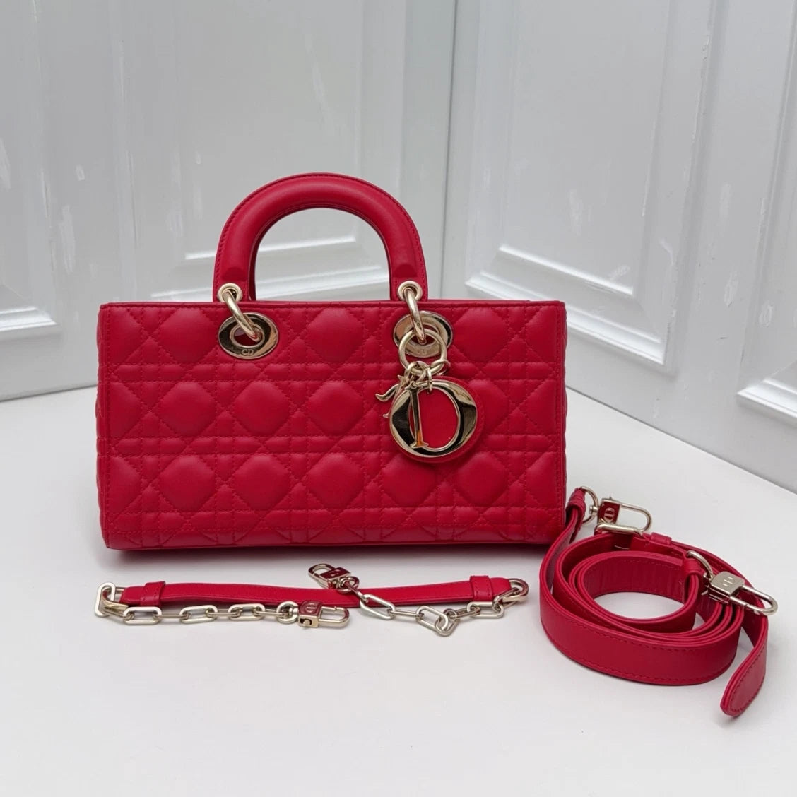Christian Dior Lady Dior Cannage Top Handle Crossbody Red Gold Women Classic