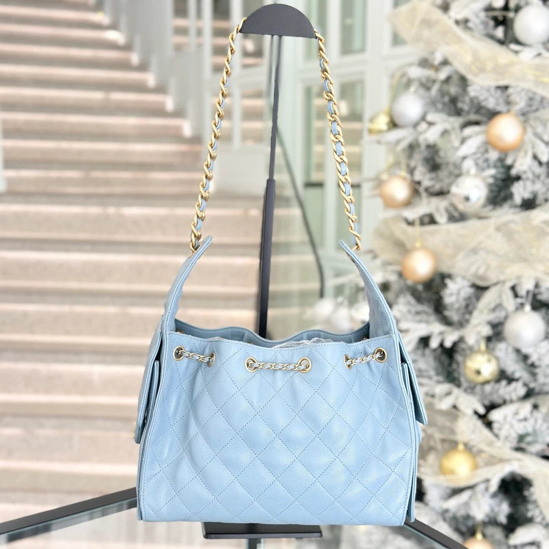 Chanel 25Bag PM Calfskin Chain Shoulder Bag Blue Gold Hardware Women S