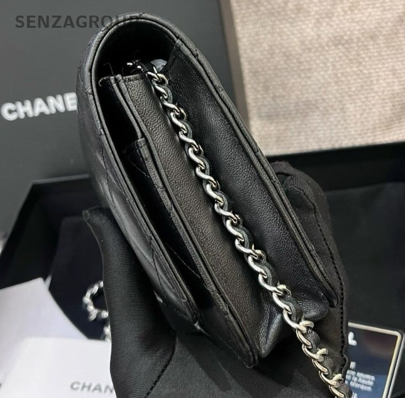 Chanel WOC Chain Crossbody Shoulder Bag Black Silver Women Diamond Classic