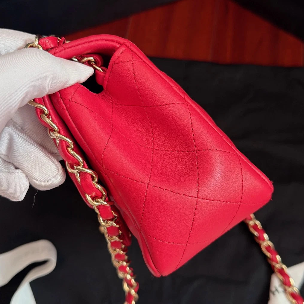 Chanel Classic Flap Lambskin Chain Crossbody Red Gold Women Diamond