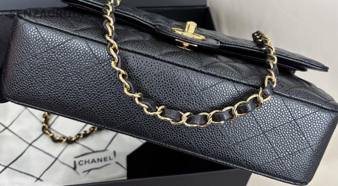 Chanel Classic Flap MM Calfskin Chain Shoulder Bag Black Red Women Designer