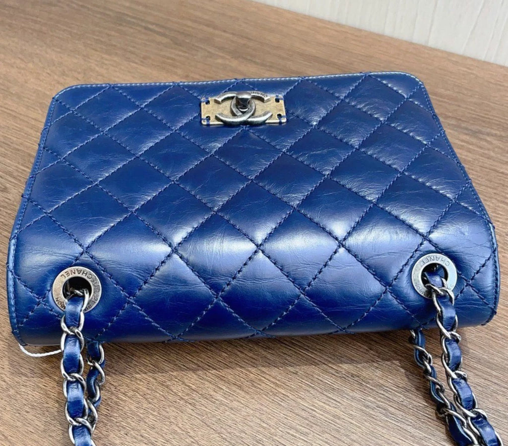 Chanel Diamond PM Turn Lock Blue Chain Sliver Hardware Shoulder Bag Women