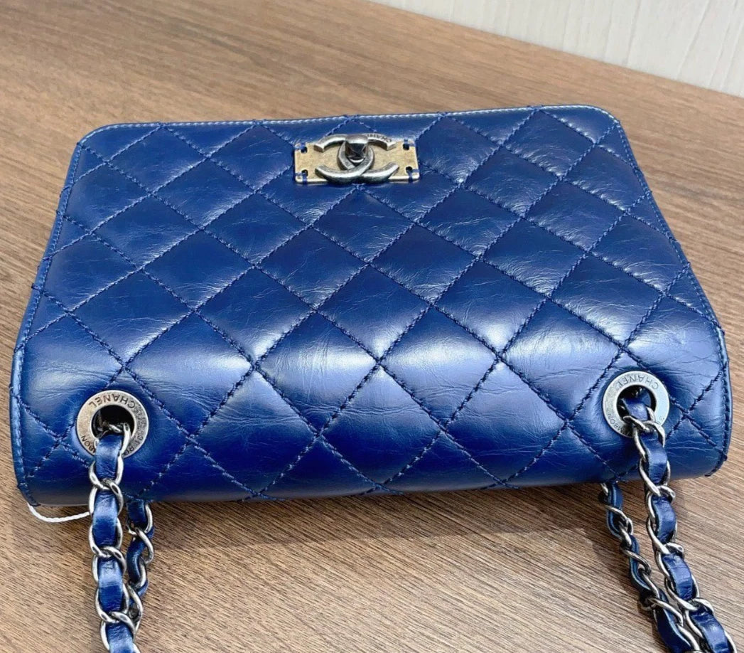 Chanel Diamond PM Turn Lock Blue Chain Sliver Hardware Shoulder Bag Women