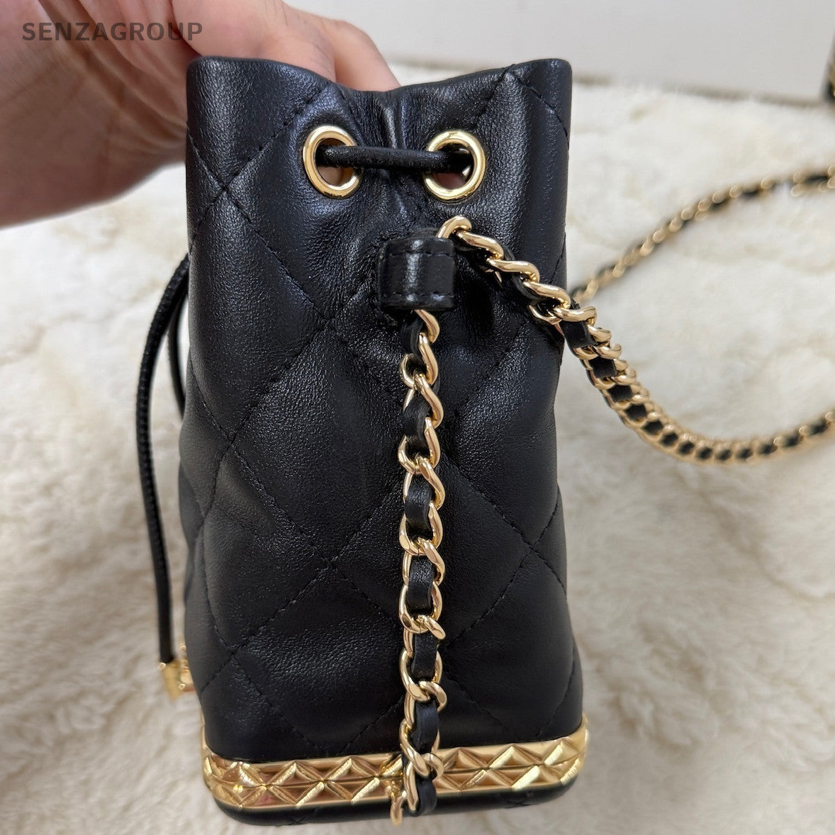 Chanel 22S Mini Bucket Bag Black Gold Quilted Lambskin Shoulder Crossbody
