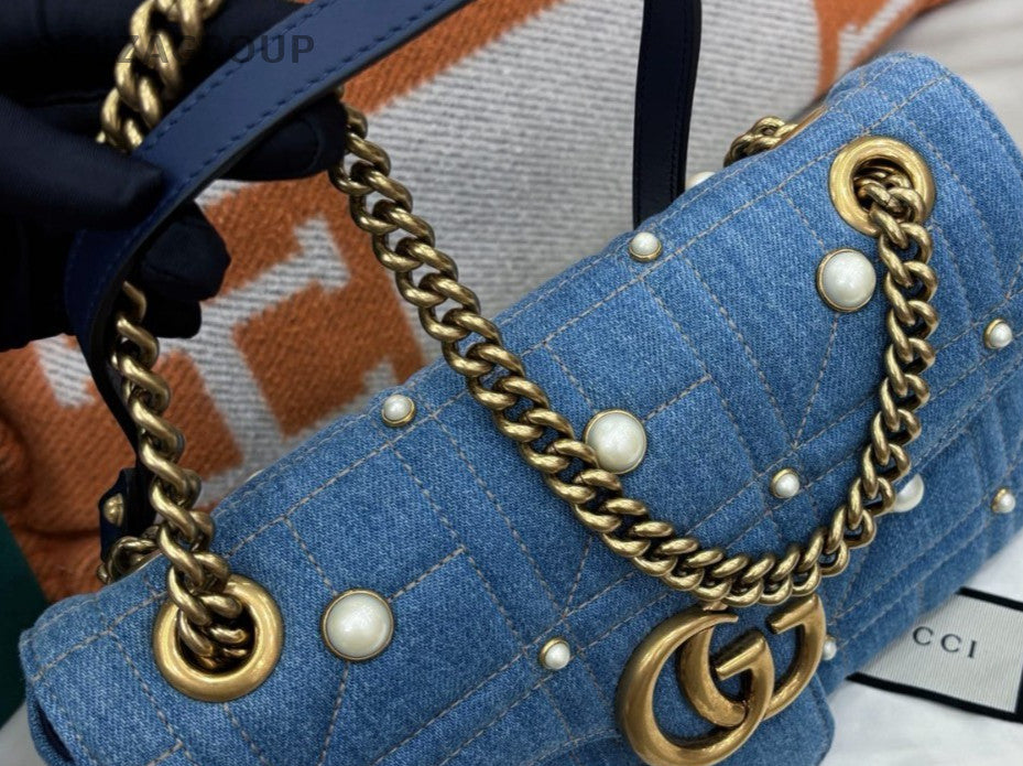 Gucci Marmont Pearl Chain Shoulder Bag Blue Gold Women Classic Designer