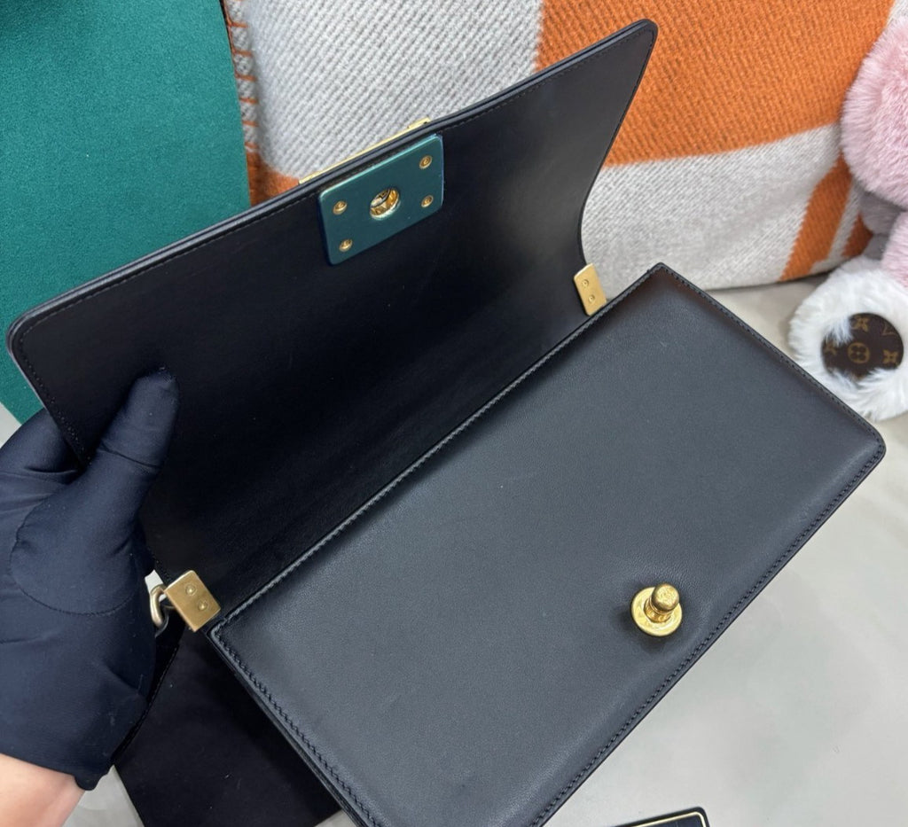 Chanel Leboy MM Lambskin Chain Shoulder Bag Black Gold Diamond Women Classic