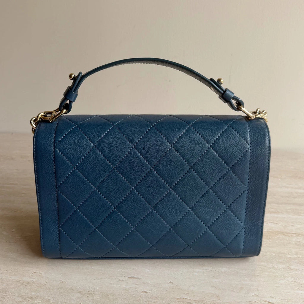 Chanel Diamond Calfskin Leather 2Way Handbag Crossbody Navy Gold Hardware