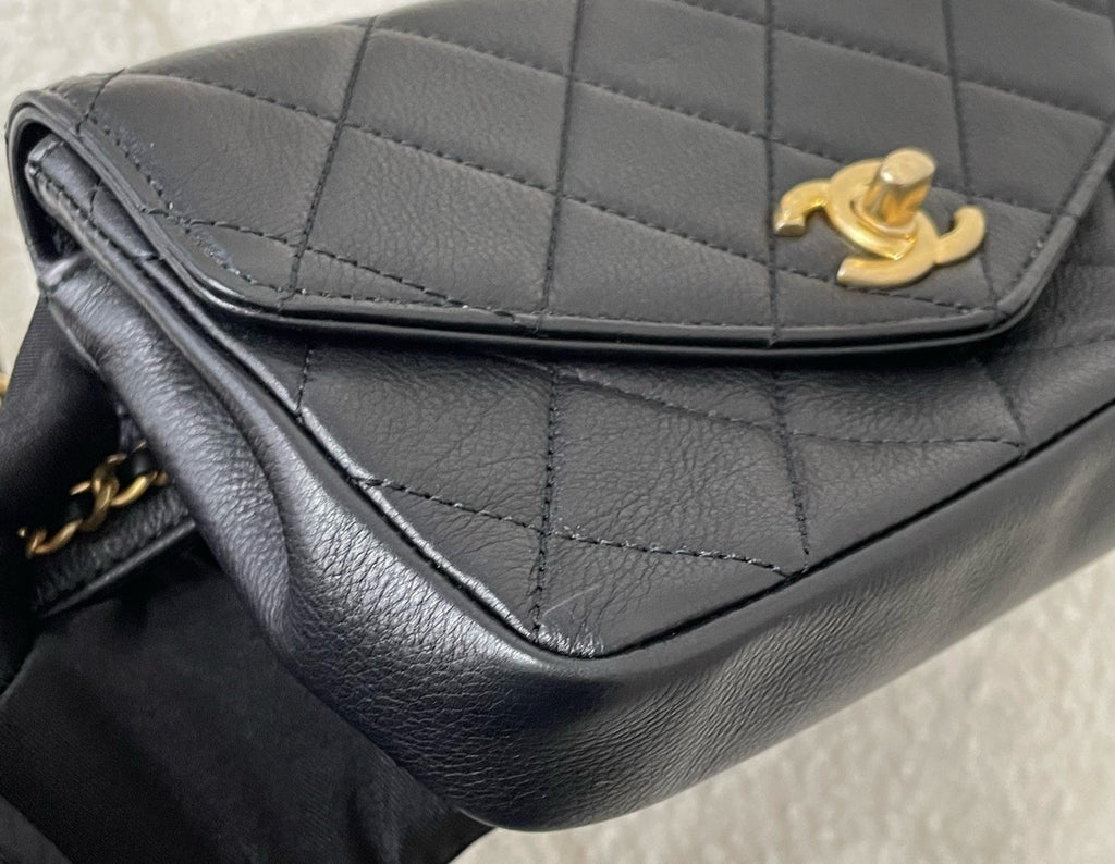 Chanel Diamond Calfskin Waist Bag Crossbody Black Gold Used Women Classic